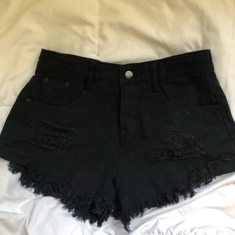 Distressed Black Denim Shorts